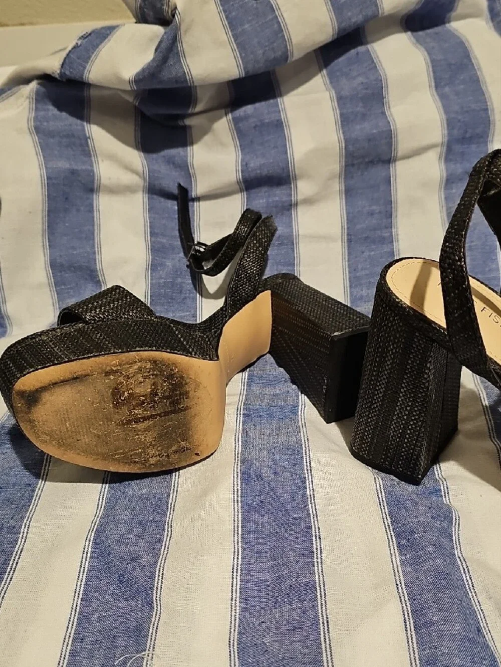 Marc Fisher Black Woven Platform Block Heel Sandals with Ankle Strap